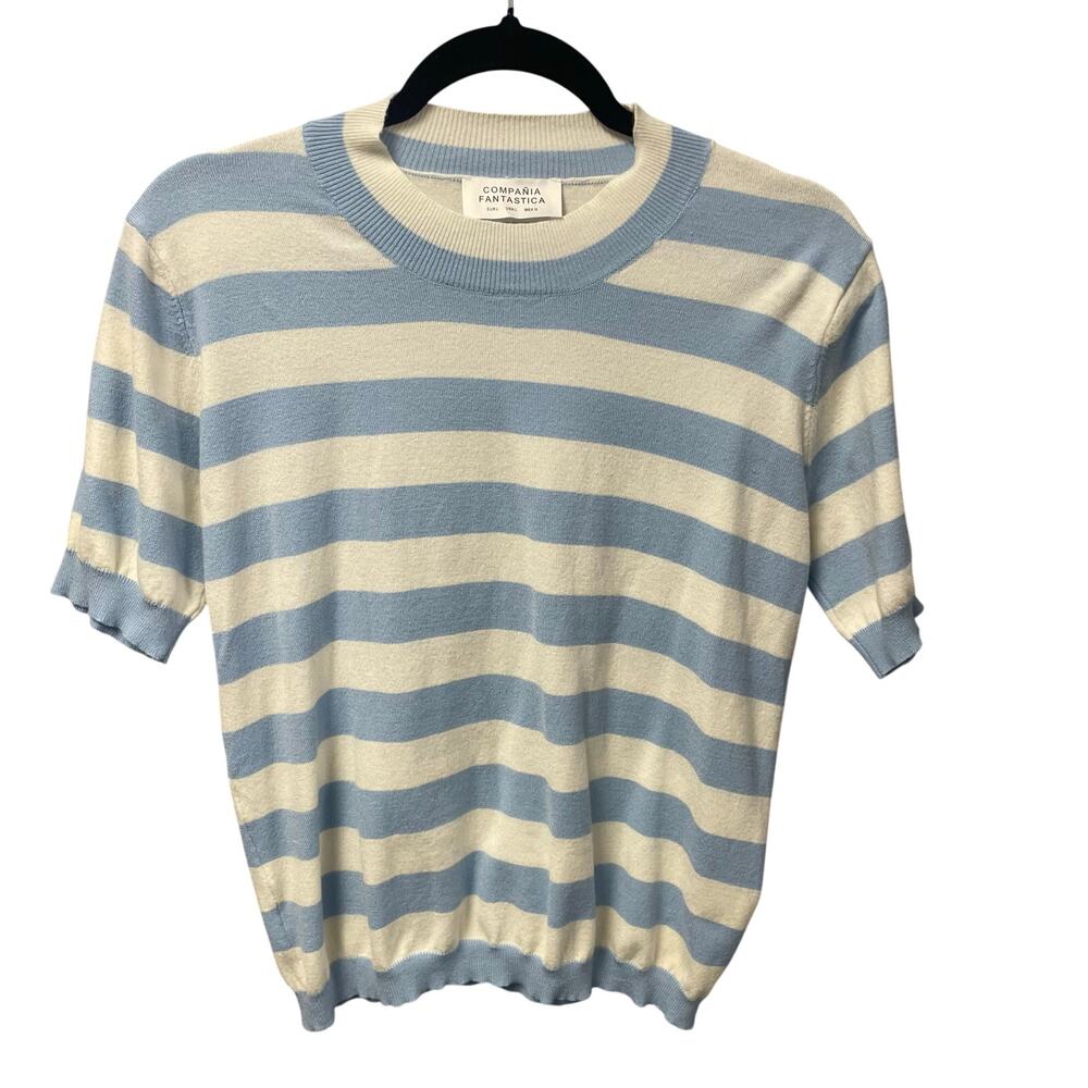 Compania Fantastica Blue White Striped Short Sleeve Crewneck Sweater Size Large